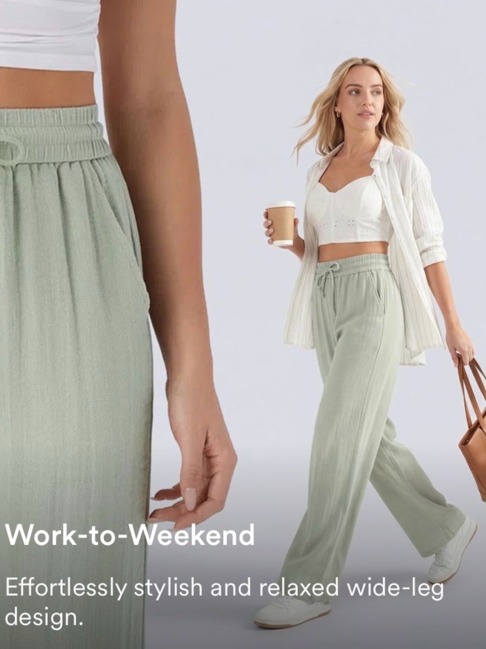HALARA High Waisted Drawstring Pocket Wide Leg Baggy Casual Linen-Feel Pants - Picture 8 of 15
